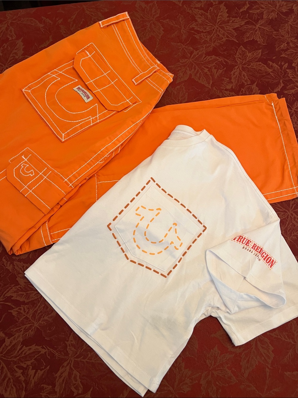 True Religion Womens Orange Cargo Pants with White Logo Stitching w Matching Top